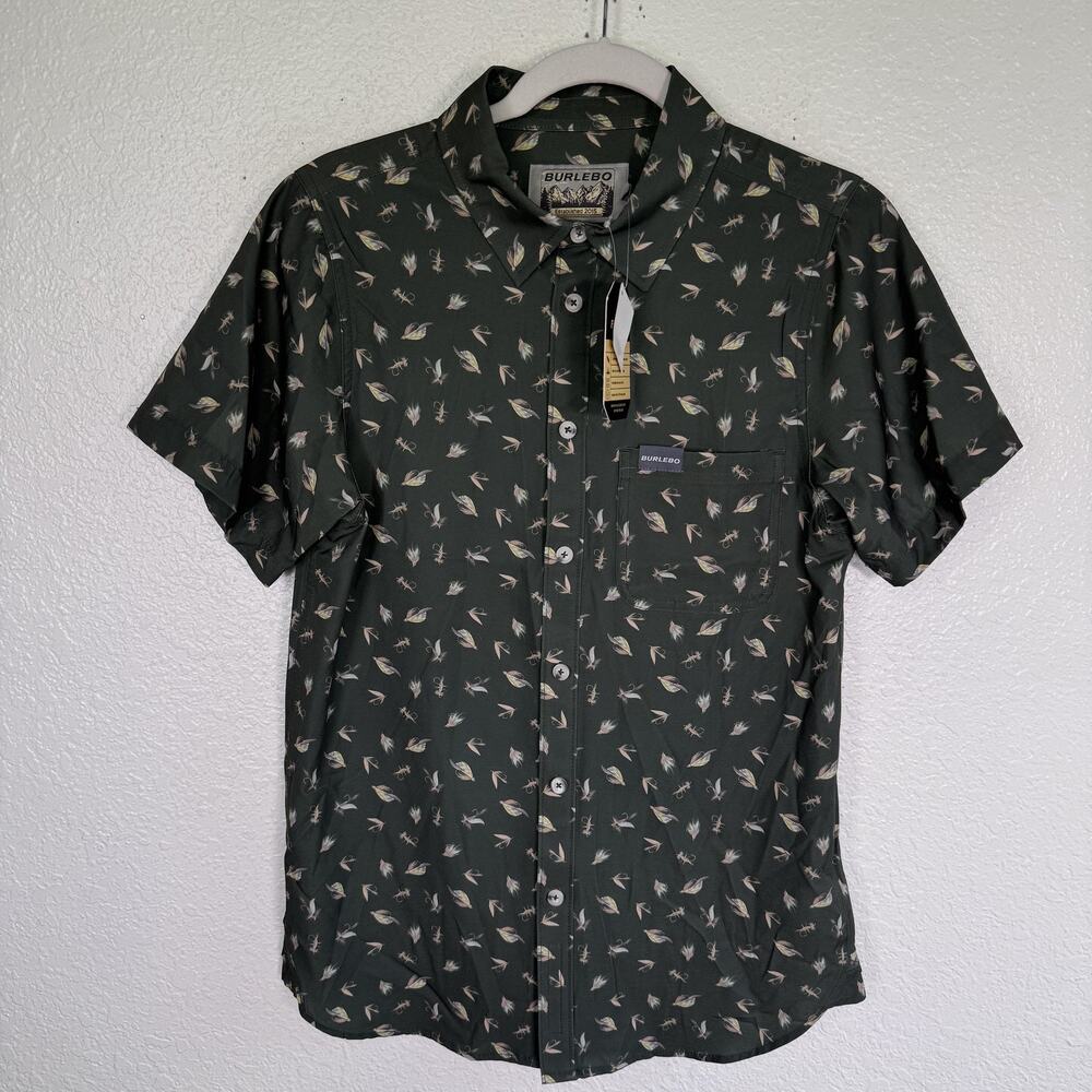 Burlebo Shirt Mens Small Performance Button Up On the Fly Fishing Green NEW